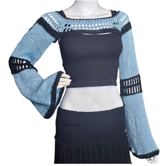 🌀 Handmade Knit + Crochet Bolero Shrug 🖤💙 - Picture 1 of 8